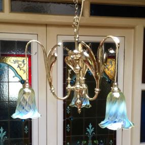 Period Art Nouveau 3 Branch Ceiling Light with Original Vaseline Glass Shades Drop 45cm Price SOLD