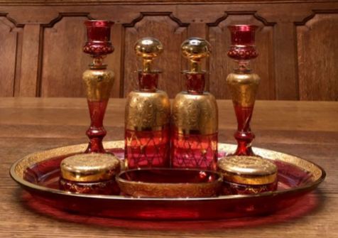 Bohemian Cranberry Glass Dressing Table Set - Candlesticks 17cm High - Tray 32cm Wide Price SOLD