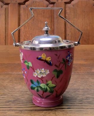 Pink Opaline Enamelled Glass Biscuit Barrel Height 18cm Price SOLD
