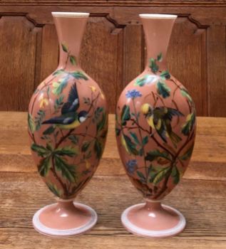 Pair Of Opaline Glass Decorated Vases Height 34cm Price SOLD