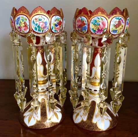 Fine Pair of Bohemian Glass Lustres with Flower Panels. Height 34cm. Price £SOLD