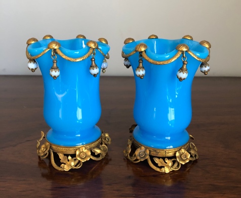 Unusual Gilt Metal Mounted Blue Opaline Glass Vases with Hanging Jewels. 11cm High Price £360