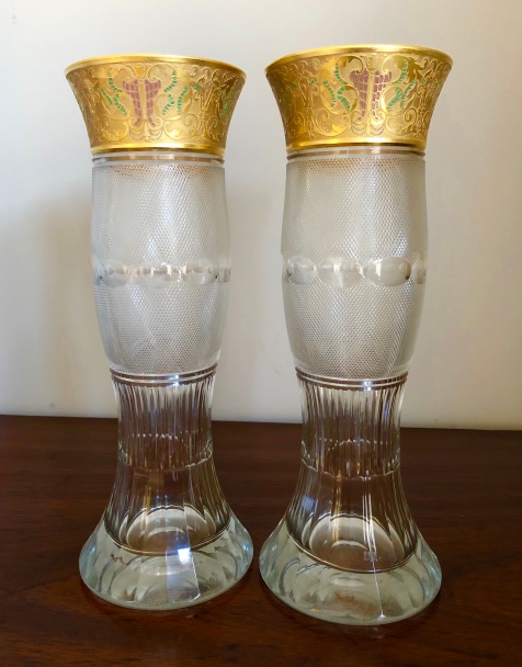 Fine Quality Cut Glass Vases with Gilded Enamelled Panel. Height 32.5cm Price £SOLD